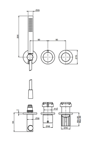 Смеситель для душа, Fima Carlo Frattini, Spillo Tech, V COLLECTION, на 2 потребителя, цвет-брашированный черный хром — изображение 1
