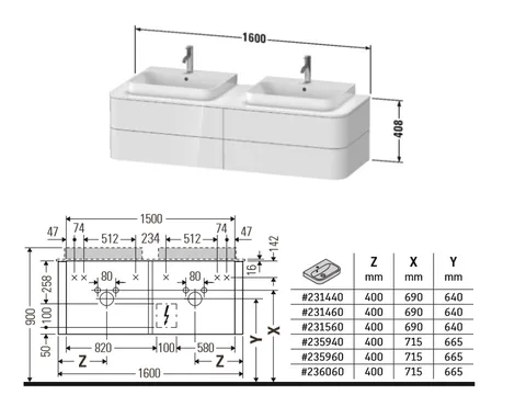 Тумба под раковину, Duravit, Happy D.2 Plus, шгв 1600*550*408, раковина-необходимо заказать, цвет-белый глянцевый — изображение 1