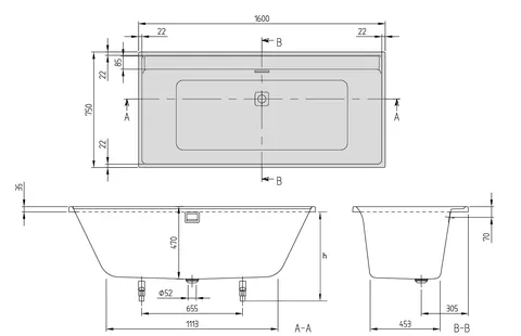 Ванна, Villeroy&Boch, Collaro, шгв 1600*750*470, цвет-альпийский белый/чёрный матовый — изображение 1