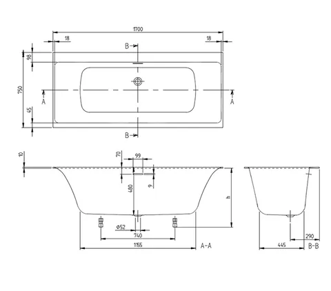 Ванна, Villeroy&Boch, Subway, шгв 1700*750*480, цвет-камень белый (Stone White) — изображение 1