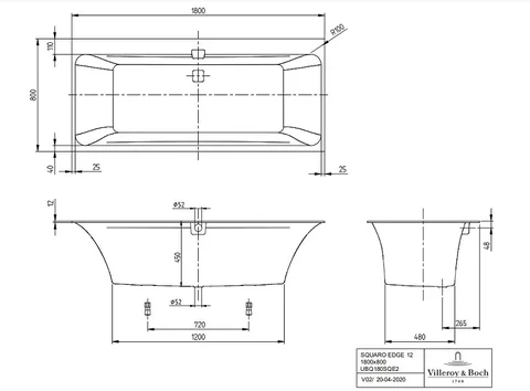 Ванна, Villeroy&Boch, Squaro Edge 12 Duo, шгв 1800*800*450, CeramicPlus, цвет-камень белый (Stone White) — изображение 1