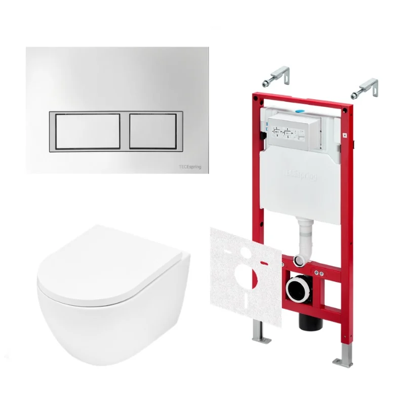 Комплект, TECE, TeceSpring R, подвесной, шгв 360*530*350, цвет унитаза-белый, цвет сиденья-белый, цвет клавиши-хром