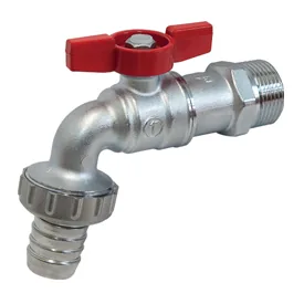 Кран, R620, 3/4", Н, ручка-бабочка красная, хромированный, для садового шланга с выводом для резин. шланга — иконка